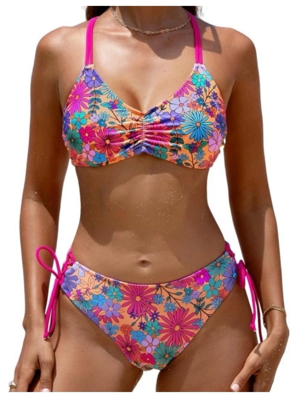 Cupshe NWT S Bright PINK ORANGE DITSY Floral BRAIDED STRAP Bikini Set